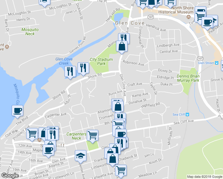 map of restaurants, bars, coffee shops, grocery stores, and more near 6 Burns Avenue in Glen Cove