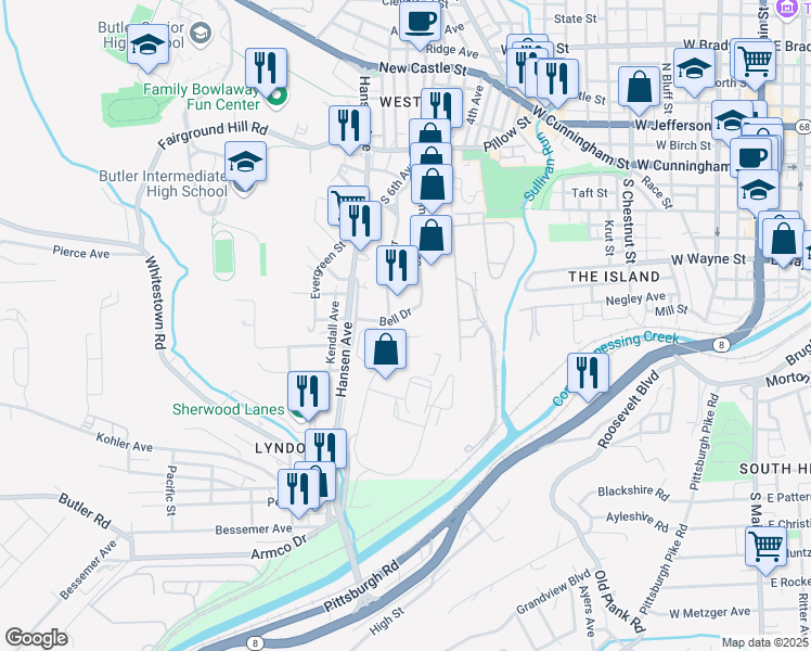 map of restaurants, bars, coffee shops, grocery stores, and more near 102 Woody Drive in Butler