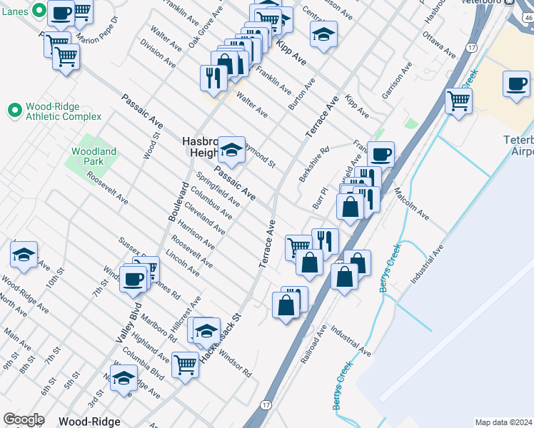map of restaurants, bars, coffee shops, grocery stores, and more near 101 Terrace Avenue in Hasbrouck Heights