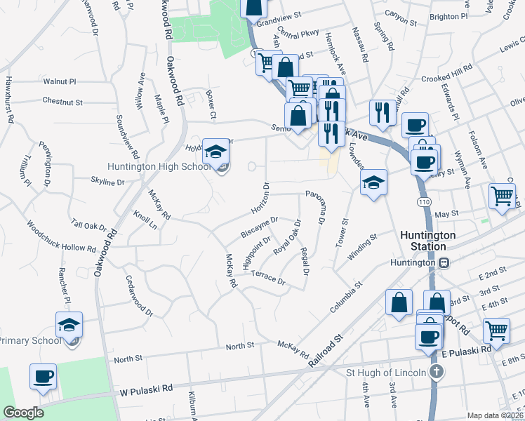 map of restaurants, bars, coffee shops, grocery stores, and more near 20 Horizon Drive in Huntington