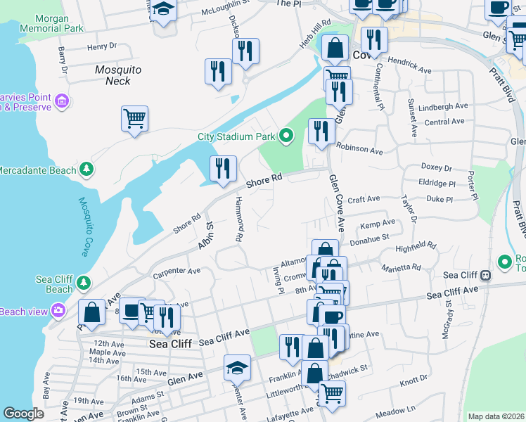 map of restaurants, bars, coffee shops, grocery stores, and more near 8 Towle Place in Glen Cove
