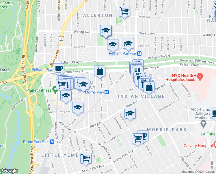 map of restaurants, bars, coffee shops, grocery stores, and more near 2159 Hone Avenue in Bronx