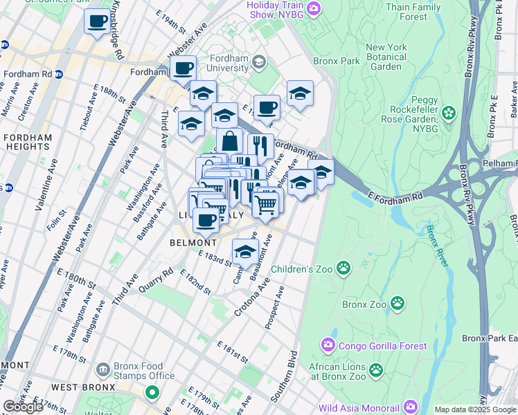 map of restaurants, bars, coffee shops, grocery stores, and more near in The Bronx