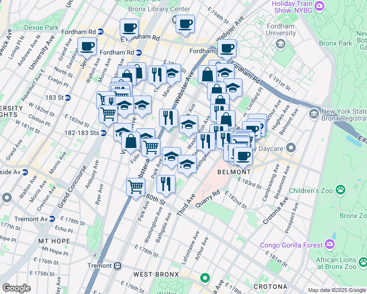 map of restaurants, bars, coffee shops, grocery stores, and more near in Bronx