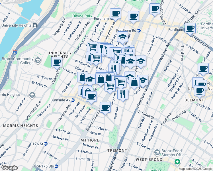 map of restaurants, bars, coffee shops, grocery stores, and more near 2188 Creston Avenue in The Bronx