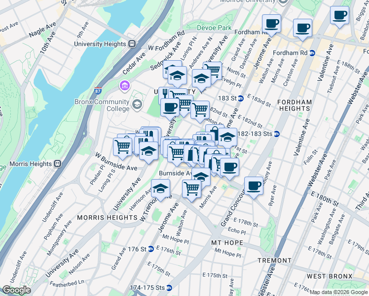 map of restaurants, bars, coffee shops, grocery stores, and more near 66 West 180th Street in Bronx