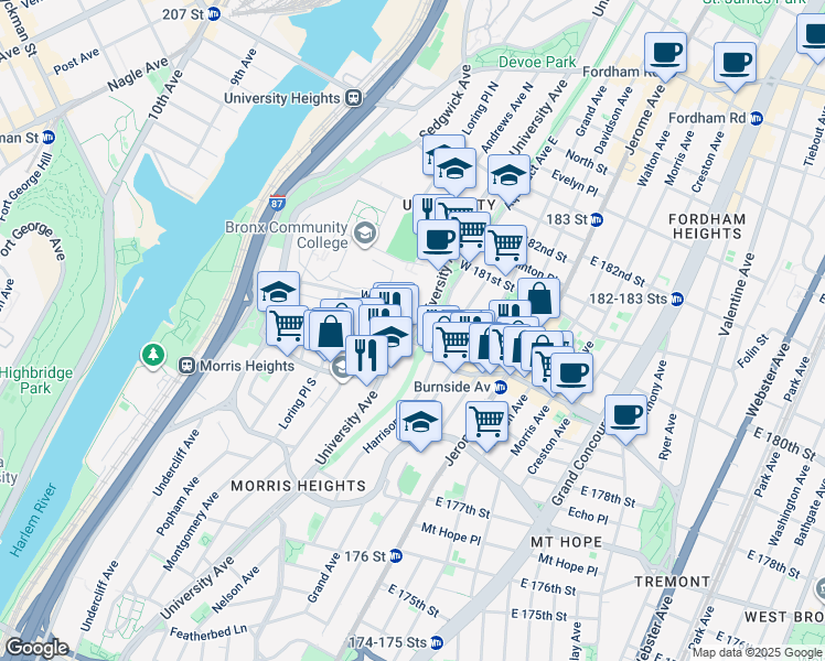 map of restaurants, bars, coffee shops, grocery stores, and more near 2015 Doctor Martin Luther King Junior Boulevard in Bronx