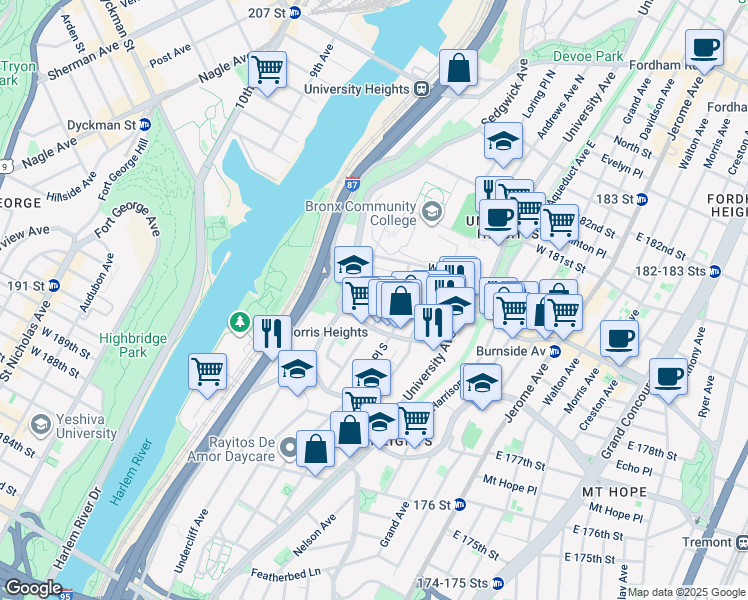 map of restaurants, bars, coffee shops, grocery stores, and more near 210 West 179th Street in Bronx