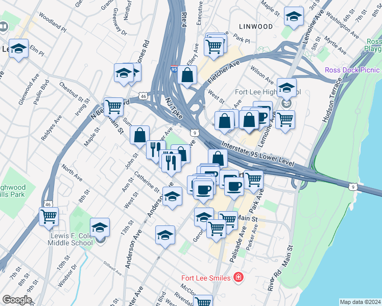 map of restaurants, bars, coffee shops, grocery stores, and more near 2100 Linwood Avenue in Fort Lee