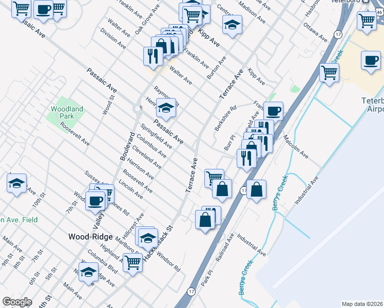 map of restaurants, bars, coffee shops, grocery stores, and more near 101 Terrace Avenue in Hasbrouck Heights