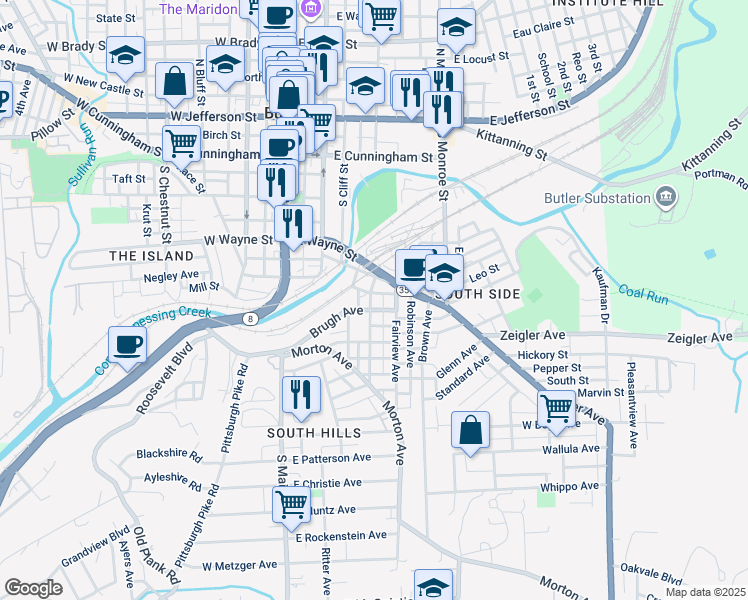 map of restaurants, bars, coffee shops, grocery stores, and more near 204 Center Avenue in Butler