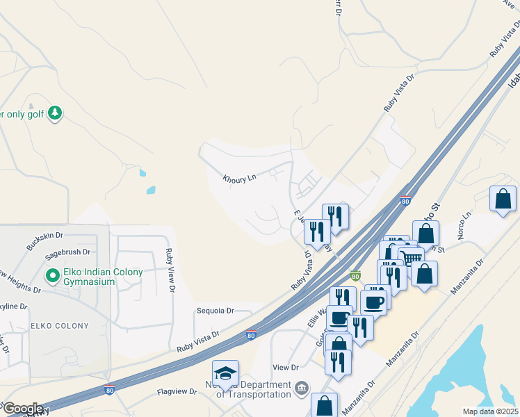 map of restaurants, bars, coffee shops, grocery stores, and more near 331 Masters Drive in Elko