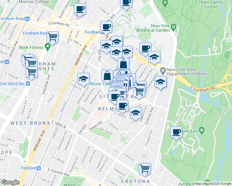 map of restaurants, bars, coffee shops, grocery stores, and more near in The Bronx