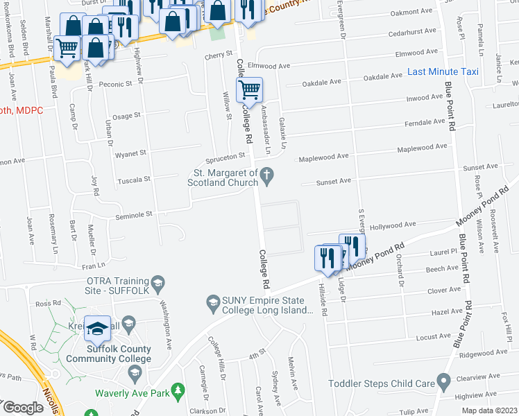 map of restaurants, bars, coffee shops, grocery stores, and more near 91 College Road in Selden