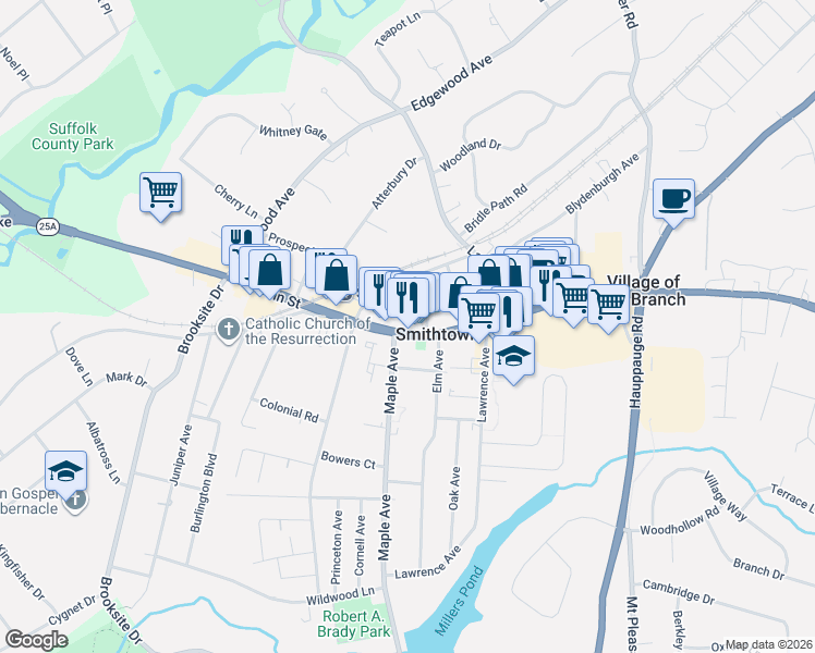 map of restaurants, bars, coffee shops, grocery stores, and more near 53 West Main Street in Smithtown