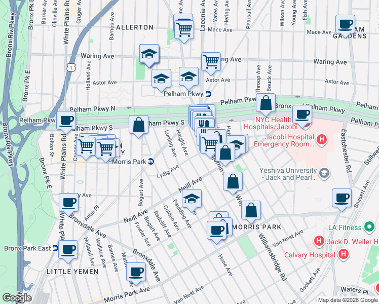 map of restaurants, bars, coffee shops, grocery stores, and more near 2121 Tomlinson Avenue in Bronx