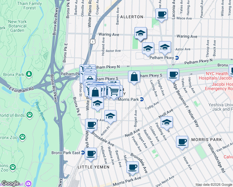map of restaurants, bars, coffee shops, grocery stores, and more near 2148 Barnes Avenue in Bronx