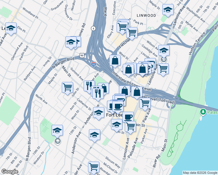 map of restaurants, bars, coffee shops, grocery stores, and more near 2100 Linwood Avenue in Fort Lee