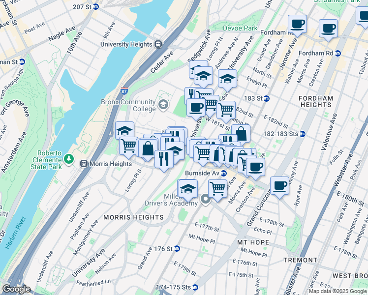 map of restaurants, bars, coffee shops, grocery stores, and more near 2001 University Avenue in Bronx