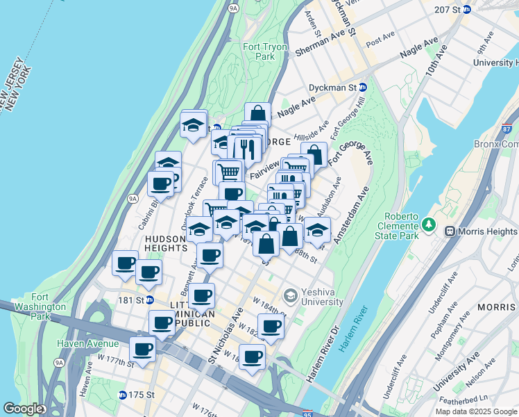 map of restaurants, bars, coffee shops, grocery stores, and more near 320 Wadsworth Avenue in New York