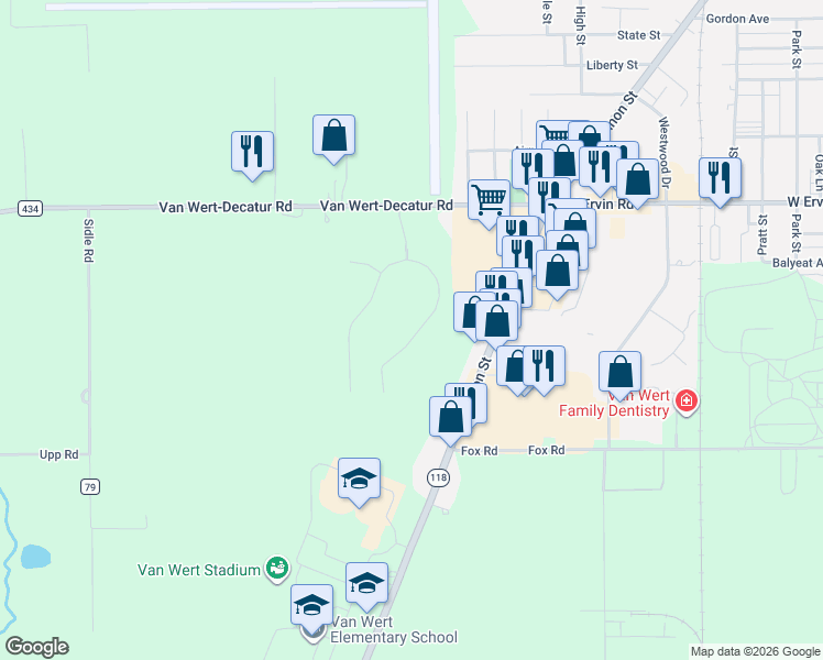 map of restaurants, bars, coffee shops, grocery stores, and more near 1510 Austin Place in Van Wert