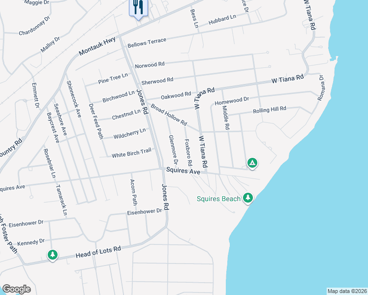 map of restaurants, bars, coffee shops, grocery stores, and more near 5 Foxboro Road in Hampton Bays