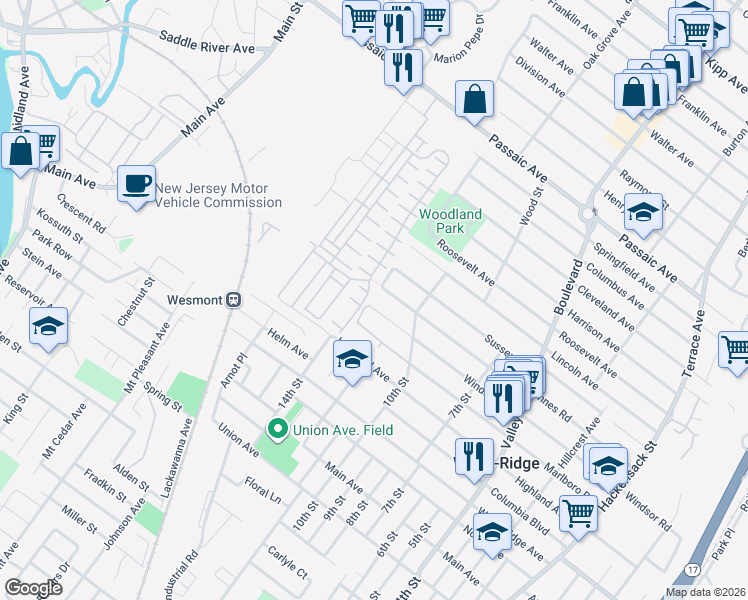 map of restaurants, bars, coffee shops, grocery stores, and more near 225 Windsor Road in Wood-Ridge