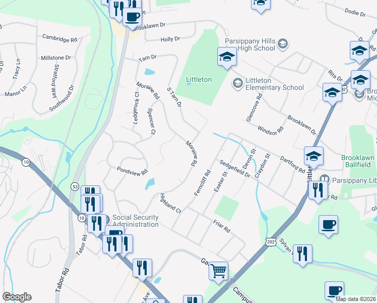 map of restaurants, bars, coffee shops, grocery stores, and more near 50 Moraine Road in Morris Plains