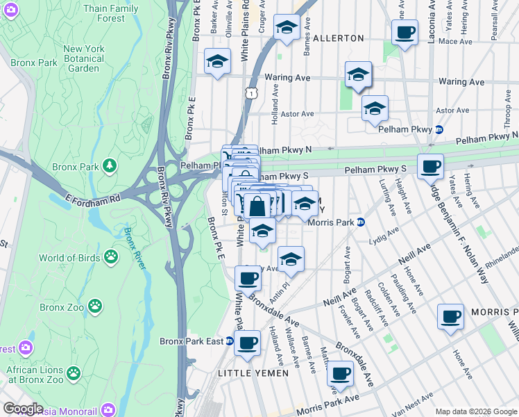 map of restaurants, bars, coffee shops, grocery stores, and more near 2157 Holland Avenue in Bronx