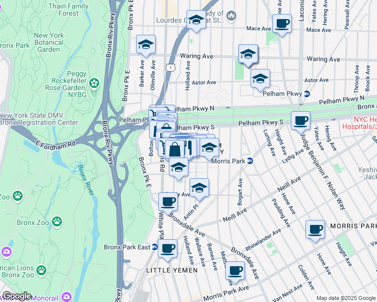 map of restaurants, bars, coffee shops, grocery stores, and more near 2160 Holland Avenue in The Bronx