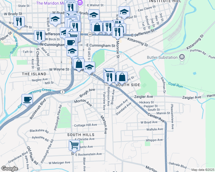 map of restaurants, bars, coffee shops, grocery stores, and more near 318 Center Avenue in Butler