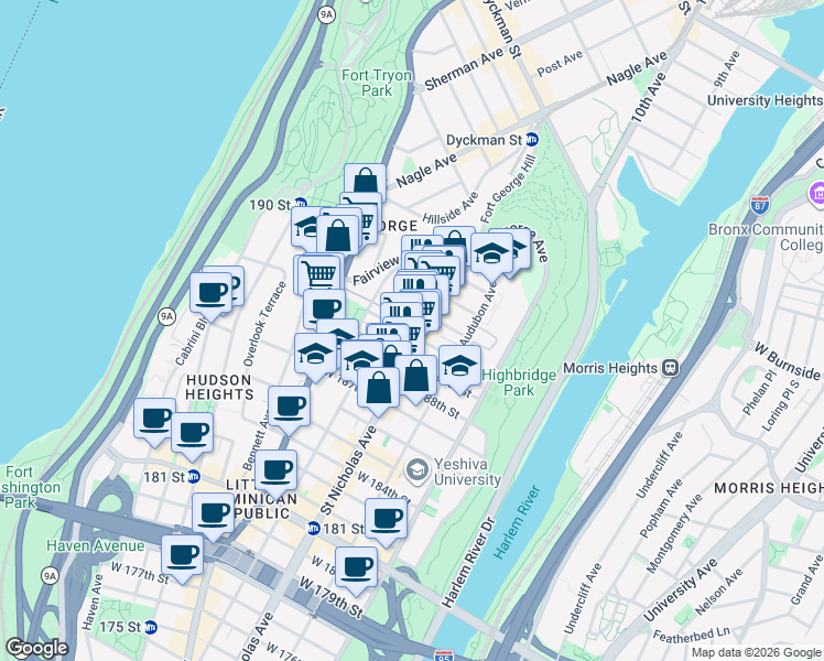 map of restaurants, bars, coffee shops, grocery stores, and more near 601 West 190th Street in New York