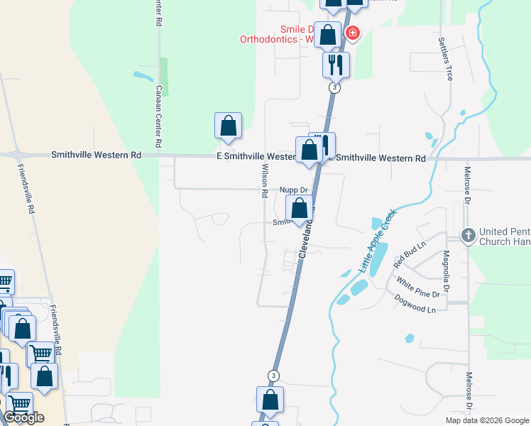 map of restaurants, bars, coffee shops, grocery stores, and more near 4632 Wilson Road in Wooster
