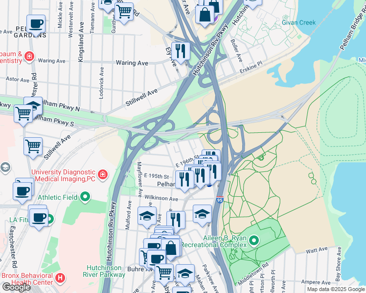 map of restaurants, bars, coffee shops, grocery stores, and more near 1874 Pelham Parkway South in Bronx