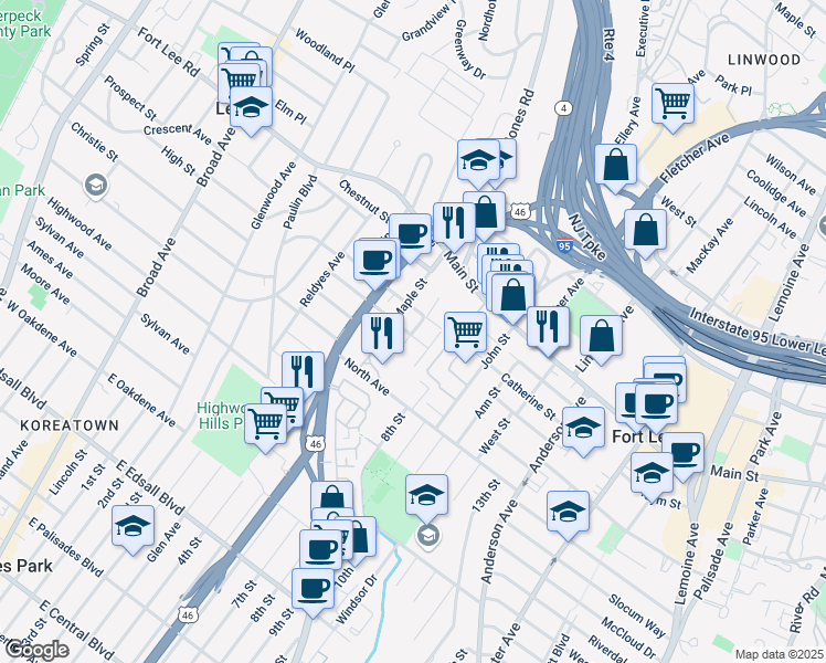 map of restaurants, bars, coffee shops, grocery stores, and more near 7 Hazlitt Avenue in Fort Lee