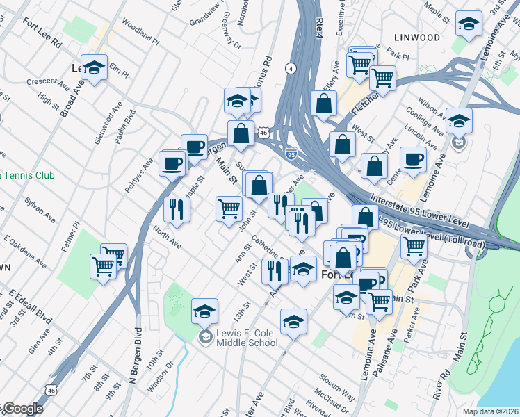 map of restaurants, bars, coffee shops, grocery stores, and more near in Fort Lee