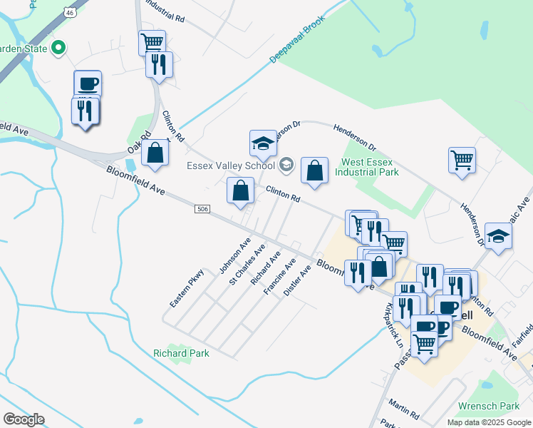 map of restaurants, bars, coffee shops, grocery stores, and more near 15 Debaun Avenue in West Caldwell