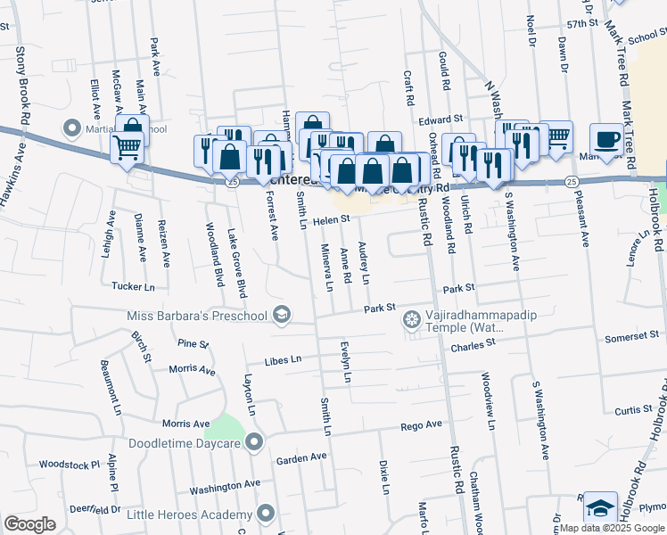 map of restaurants, bars, coffee shops, grocery stores, and more near 19 Minerva Lane in Centereach