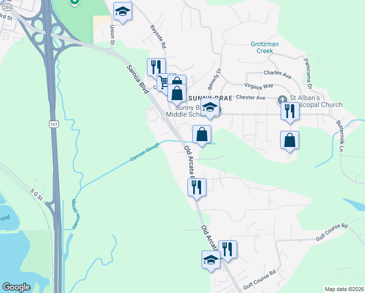 map of restaurants, bars, coffee shops, grocery stores, and more near 919 Bayside Road in Arcata