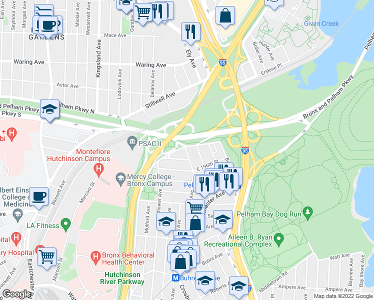 map of restaurants, bars, coffee shops, grocery stores, and more near 1850 Pelham Parkway South in Bronx