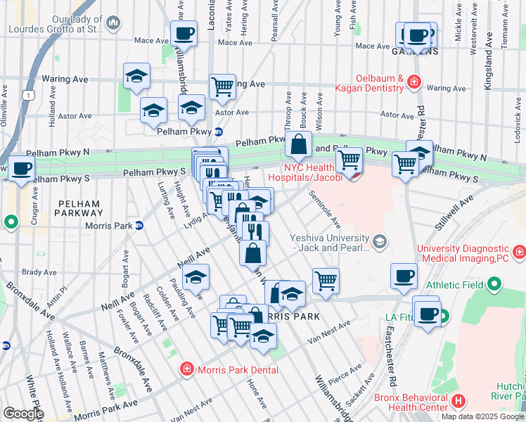 map of restaurants, bars, coffee shops, grocery stores, and more near 1193 Neill Avenue in Bronx