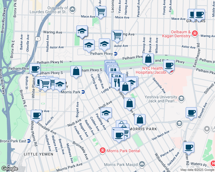 map of restaurants, bars, coffee shops, grocery stores, and more near 2121 Tomlinson Avenue in Bronx