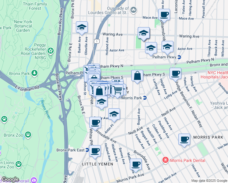 map of restaurants, bars, coffee shops, grocery stores, and more near 2147 Barnes Avenue in The Bronx