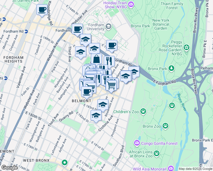 map of restaurants, bars, coffee shops, grocery stores, and more near in The Bronx
