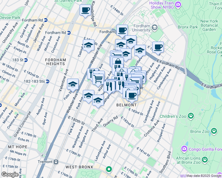 map of restaurants, bars, coffee shops, grocery stores, and more near in The Bronx