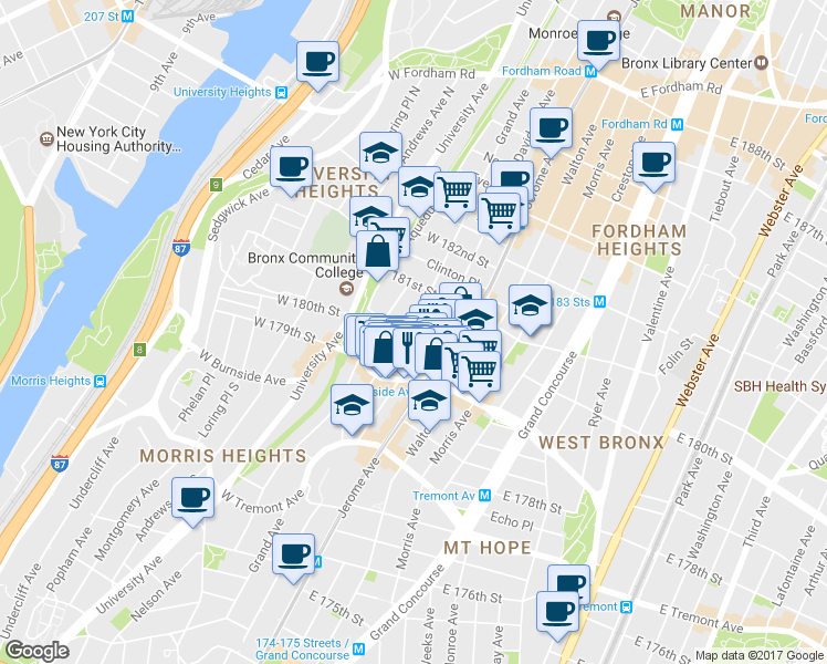 map of restaurants, bars, coffee shops, grocery stores, and more near in The Bronx