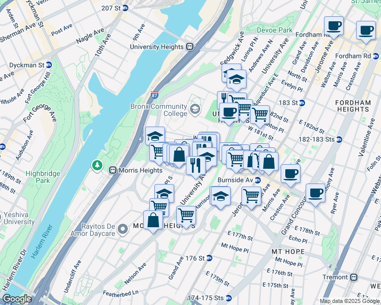 map of restaurants, bars, coffee shops, grocery stores, and more near 1944 Loring Place South in Bronx