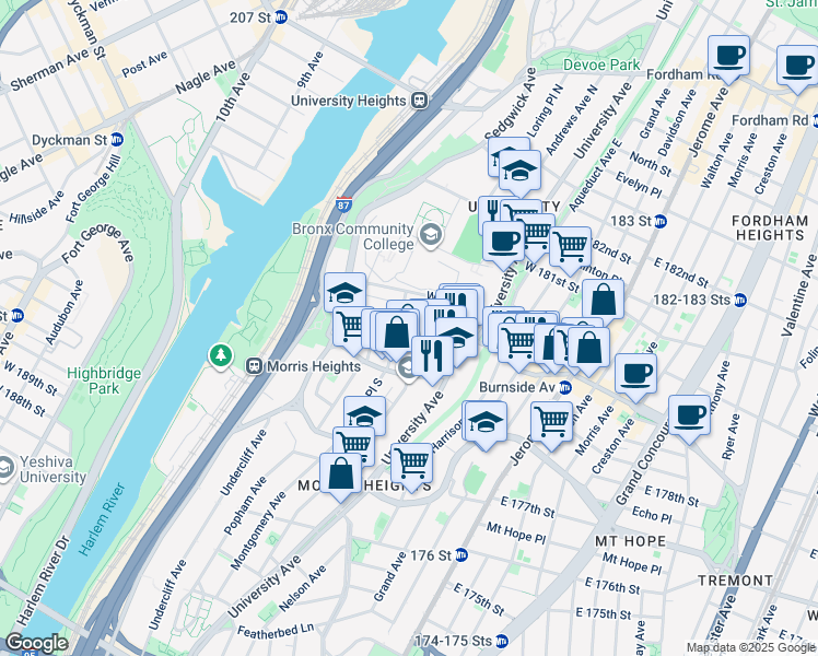 map of restaurants, bars, coffee shops, grocery stores, and more near 1944 Loring Place South in Bronx