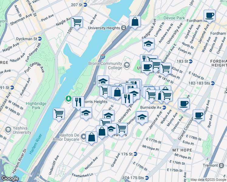 map of restaurants, bars, coffee shops, grocery stores, and more near 210 West 179th Street in Bronx