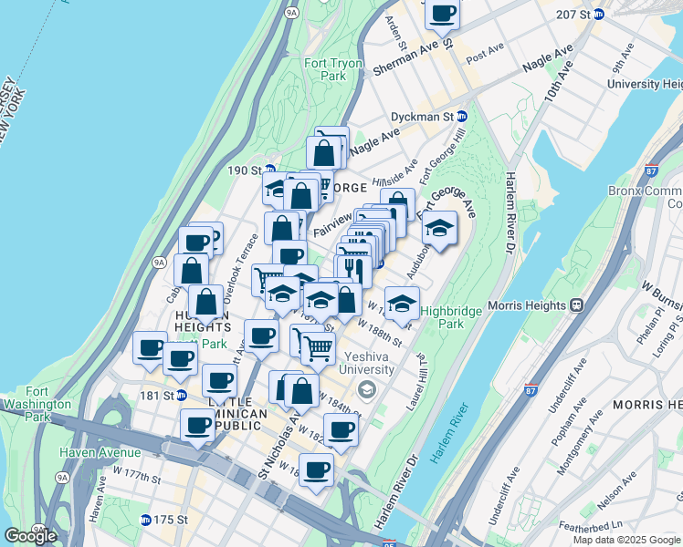 map of restaurants, bars, coffee shops, grocery stores, and more near 341 Wadsworth Avenue in New York